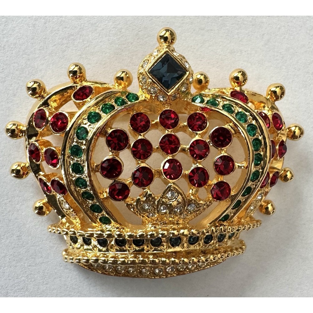 Vintage Kenneth Jay Lane KJL Crown Brooch Red Green  Rhinestone Gold Tone Pin